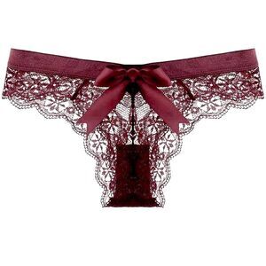 XMAS SALE Burgundy Cherry Red Satin Lace Thong Panty